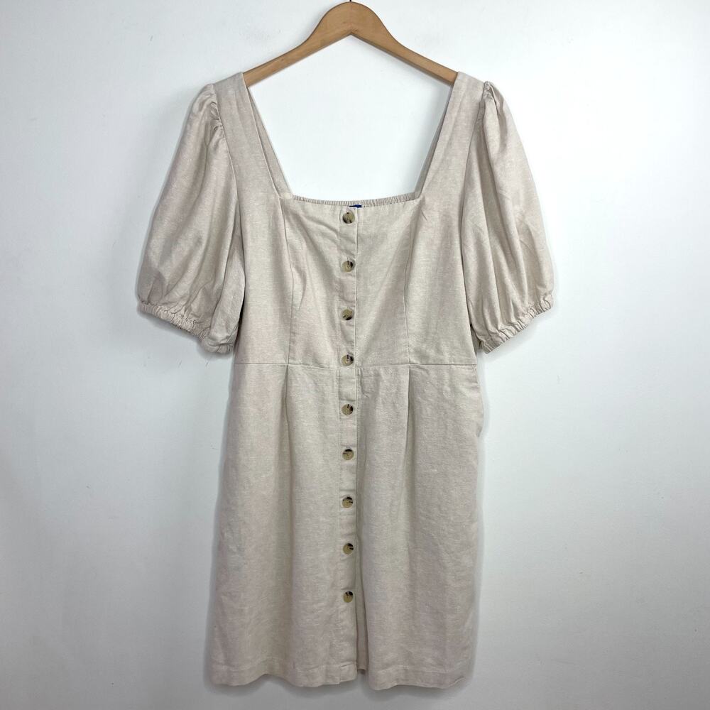 Old Navy Button Front Linen Blend Dress Sz XL Ivory Milkmaid Puff‎ Sleeve Ruched